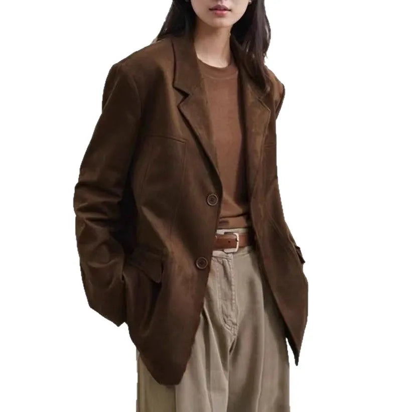 Dunkelbraune Damen-Anzugjacke aus Wildleder, amerikanischer Retro-Stil, lässige Mode, gestricktes Polyester, mittelverdickter Langarmmantel So ist Leben