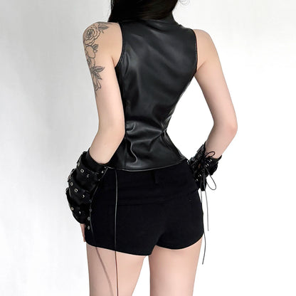 SUCHCUTE Retro Punk Pu Leder Weste Mit Hülse Abdeckung Frauen Gothic Schwarz Ärmelloses Rollkragen Top Y2k Metall Dekorative Kleidung So ist Leben