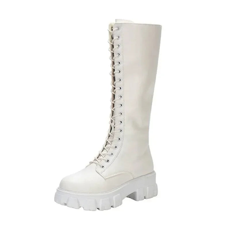 Damen-Stiefel mit mittlerer Wade, gepolsterte Schuhe, kniehohe Winter-Sneaker, Punk-Stil, Militär, lässig, Weiß, Schwarz, 2024, luxuriöse Plattform für Damen So ist Leben