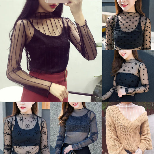 Frauen Spitze Floral T-shirt Transparent Mesh Damen Tops Sheer Blusen Herbst Durchsichtige Rollkragen Schwarz Langarm T-shirt - So ist Leben