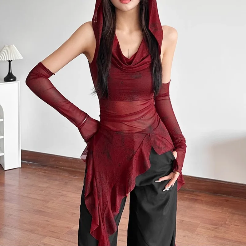 Gothic Mesh Top mit Kapuze – Modernes Y2K Design - So ist Leben