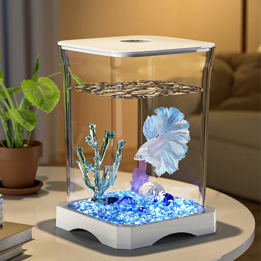 Aquarium Starter Kit Mini Desktop Rechteckiges Aquarium mit oberes Futterloch mit unten Licht Tischdekoration für Betta So ist Leben