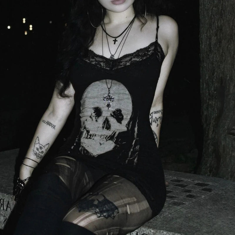 2024 neue Retro Punk Gothic Kleid Frauen Streetwear Harajuku Schädel gedruckt ärmellose hohe Taille Bodycon Kleid Grunge Rave Outfits So ist Leben