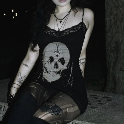 2024 neue Retro Punk Gothic Kleid Frauen Streetwear Harajuku Schädel gedruckt ärmellose hohe Taille Bodycon Kleid Grunge Rave Outfits So ist Leben
