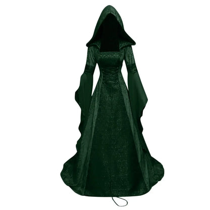 Frauen Deluxe Hexen kleid mittelalter liche Renaissance Maxi Zug Kleid Halloween Teufel heid nische Hexe Hochzeit cos Kostüm Kapuzen kleid Robe So ist Leben