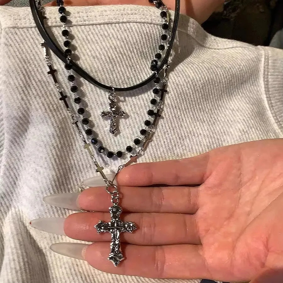 Gothic Y2K Metall Kreuz Anhänger Multi Layer Perlen Halskette Für Frauen Männer Vintage Punk Grunge EMO Charme Schmuck Zubehör Geschenk So ist Leben