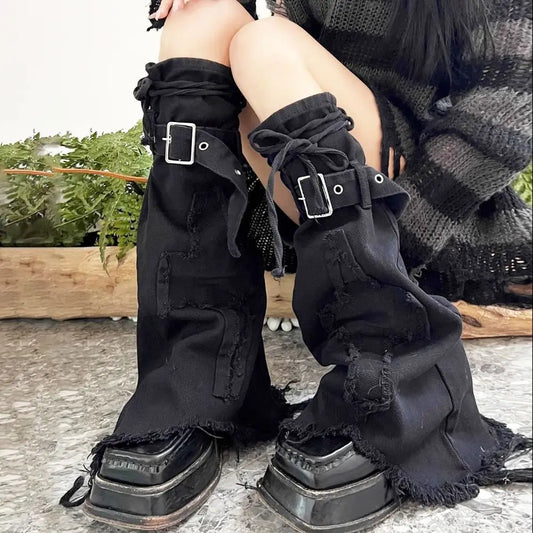 Mode y2k Bein wärmer Punk Harajuku schwarz Denim Bein abdeckungen Vintage Kordel zug Riemen Stiefel Socken So ist Leben