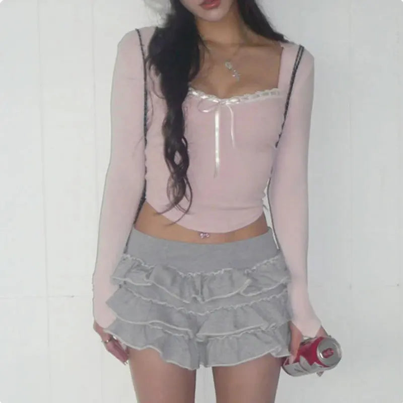 Mooyu süße Bandage-Schleife, abgeschnittenes Top, rosa, süße Kokette, süße T-Shirts, Herbst, Frühling, lässig, quadratischer Kragen, T-Shirts für Damen, y2k-Ästhetik - So ist Leben
