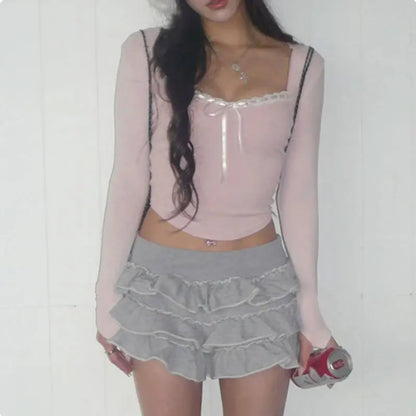 Mooyu süße Bandage-Schleife, abgeschnittenes Top, rosa, süße Kokette, süße T-Shirts, Herbst, Frühling, lässig, quadratischer Kragen, T-Shirts für Damen, y2k-Ästhetik - So ist Leben