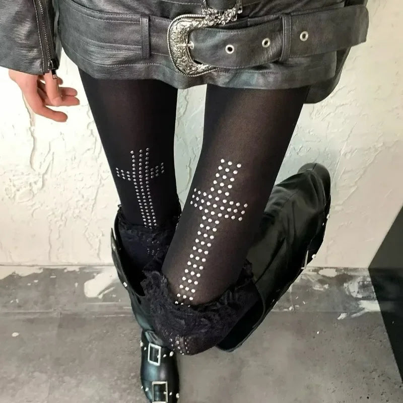 Gothic Vintage Strass Kreuz Strumpfhosen Hosen Spicy Girls Schwarz Ästhetik Hip-Hop Straße Casual Frauen Y2K Cosplay Strumpfhosen So ist Leben