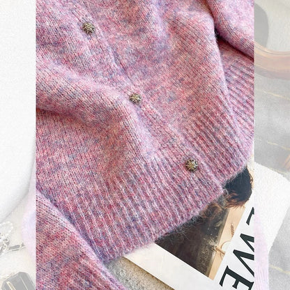 Weicher lila Strickpullover für Damen, 2025, neuer Frühling und Herbst, einreihig, O-Ausschnitt, kurze Strickjacke, Langarm-Tops So ist Leben