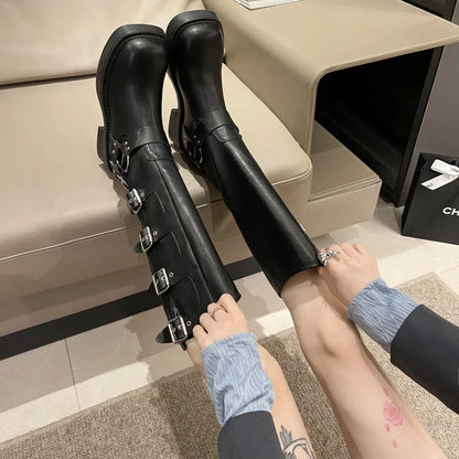 Frau Stiefel Kniehohe Plattform Elegante Niedrigen Absatz Trend Punk Gothic New Rock Leder Mode frauen Schuhe Motorrad Schuhe So ist Leben