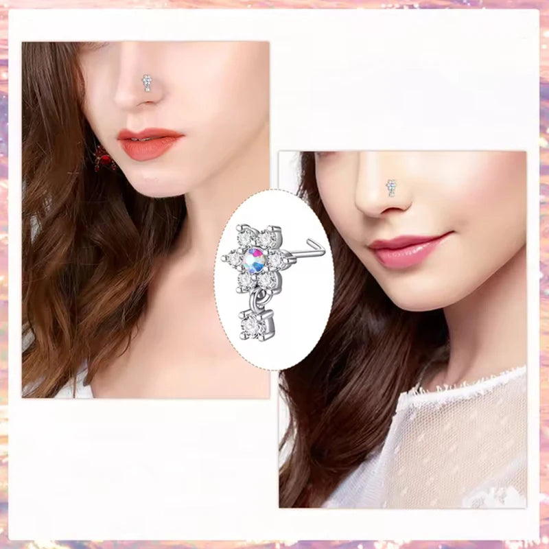 Damen L-förmiger Nasenring, hängender Nasenpiercing aus Edelstahl+Kupfer, gebogener Ring mit Schmetterlingsanhänger, Nasenschmuck 20G So ist Leben