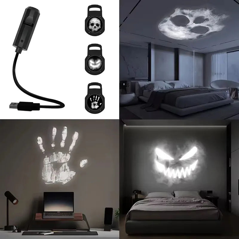 Halloween-USB-Projektorlicht, Totenkopf-Nachtlicht, Geister-LED-Lampe, 360 Grad drehbar, umschaltbares Muster, Design, dunkle und nächtliche Atmosphäre So ist Leben