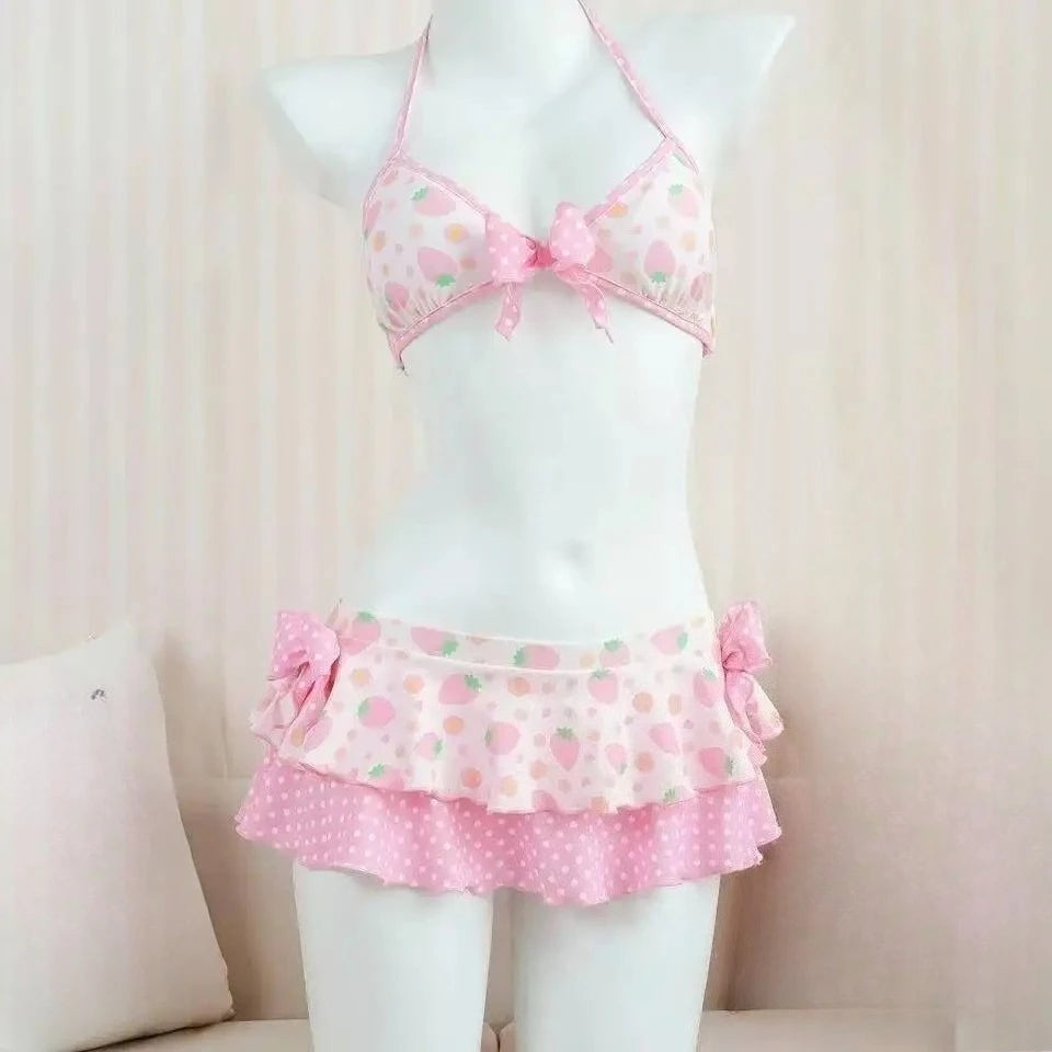 Kawaii Polka Dot Bikini-Set mit Neckholder-Trägern, zweiteiliger Badeanzug für Damen, süßer Stil, Strandparty-Badeanzug So ist Leben