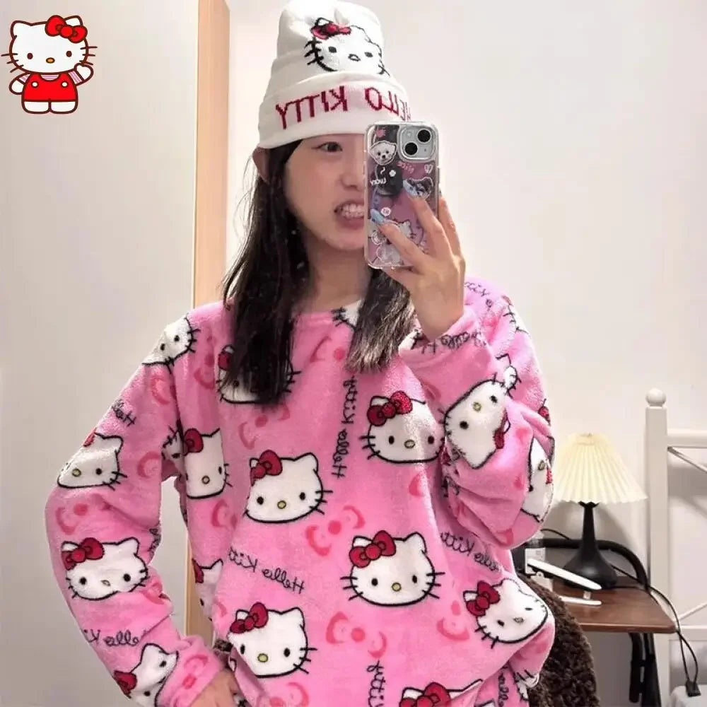 Anime Hello Kitty Plüsch-Pyjama-Anzug für Damen, Cartoon-Flanell, langärmelig, Homewear, Winter, Mädchen, warme Tops, Pannts, zweiteiliges Set - So ist Leben