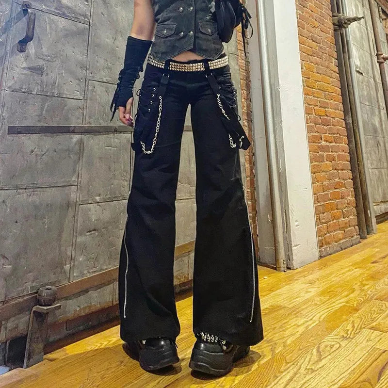 Frauen Hosen Hip Hop Hohe Taille Bandage Streetwear Niet Hosen Goth Dark Gothic Grunge Schwarz Hosen Harajuku Punk Breite Bein So ist Leben