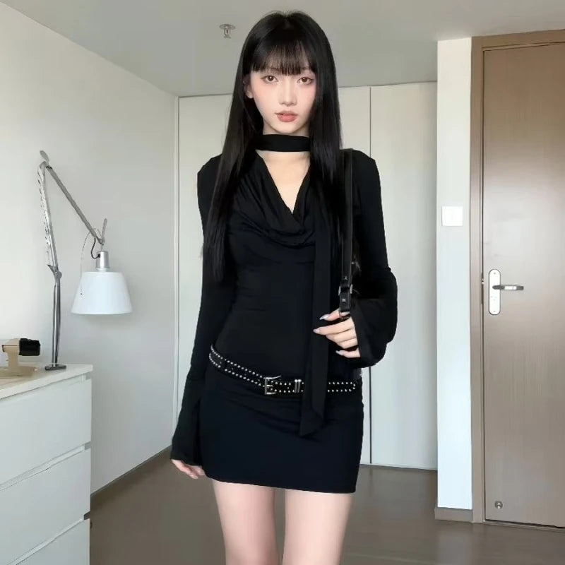 Hot Girl Schwarzes Langarmkleid für Damen, Royal Sister, hüftbedeckender kurzer Rock So ist Leben