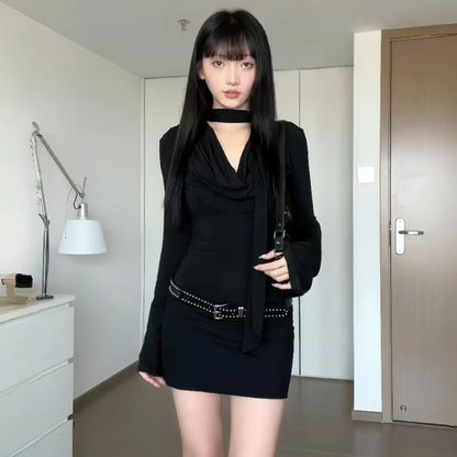 Hot Girl Schwarzes Langarmkleid für Damen, Royal Sister, hüftbedeckender kurzer Rock So ist Leben