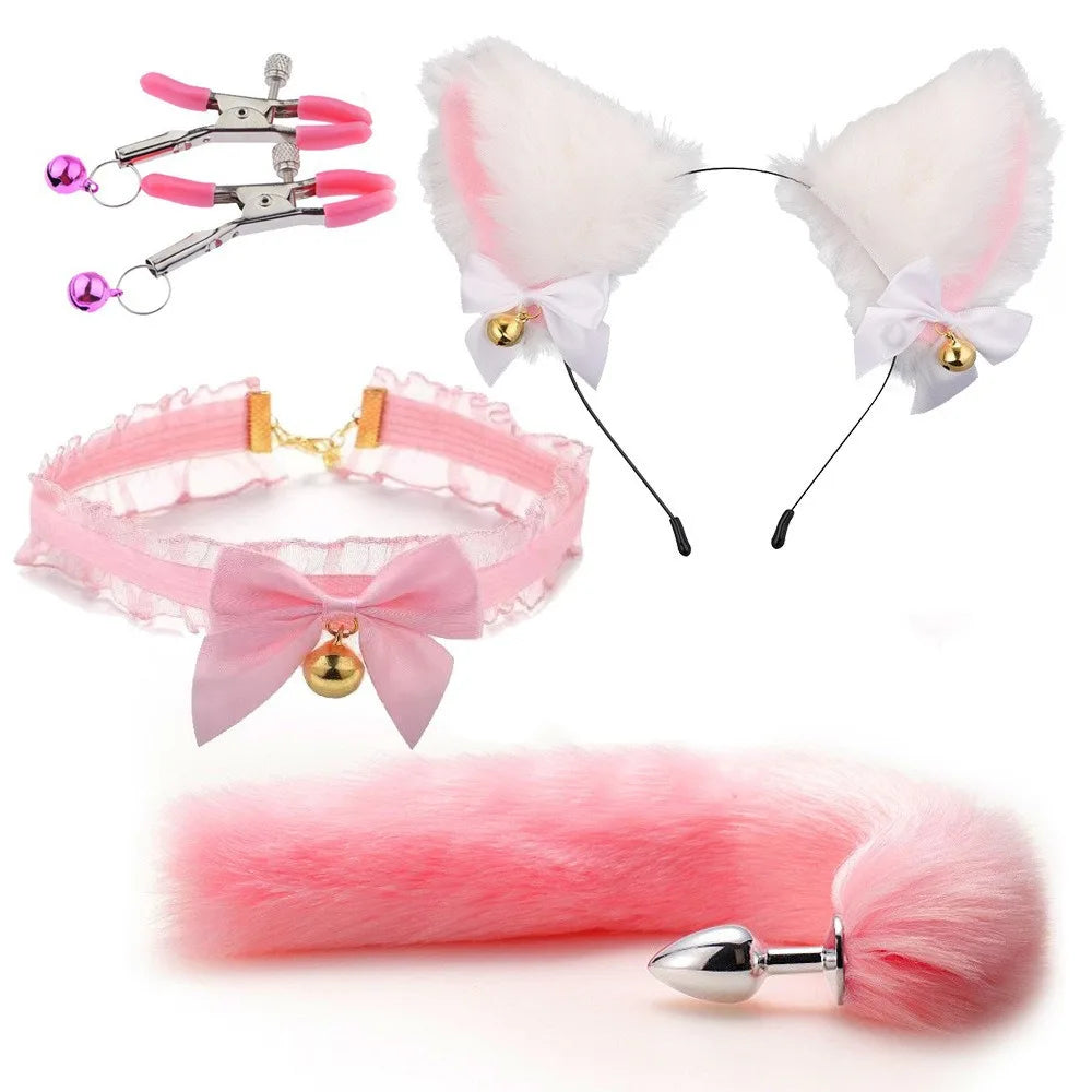 Nette Fuchsschwanz Anal Plug Bogen-Knoten Weiche Katze Ohren Stirnbänder Kragen Erotische Cosplay Paare Zubehör SM Sex Spielzeug für Weibliche männliche So ist Leben