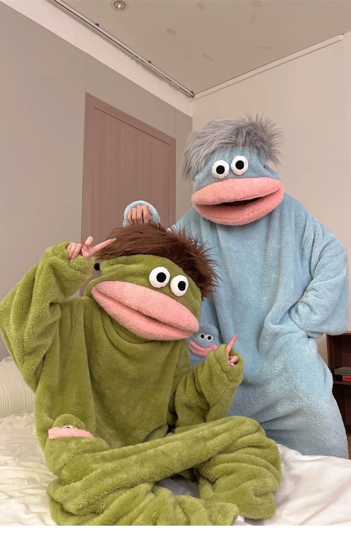 Generisches Big Mouth Monster Coral Fleece Onesie Pyjama Winter Dick Warm Hässlich Niedlich Lustig Haariger Erwachsenen-Loungewear Grün Hellblau So ist Leben