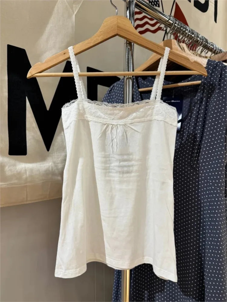 Spitze Trim Liebsten Tops Frauen Baumwolle Weiche Schlanke Weiß Sexy Ärmellose Leibchen Süße Nette Chic Tank Tops Y2K So ist Leben