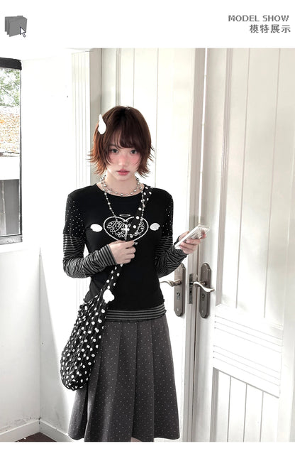 Genayooa Y2k Fairycore Damen T-Shirt Patchwork Langarm Print Grafik Tops Streetwear Ästhetische 2000er Jahre T-Shirts Japanischer Stil So ist Leben