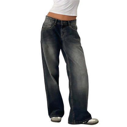 Retro Amerikanische Low-Waist Jeans ohne Stretch, Gerades Bein, Damen-Herbstmode, Weites Bein, Frischer Süßer Stil, Baumwolle So ist Leben