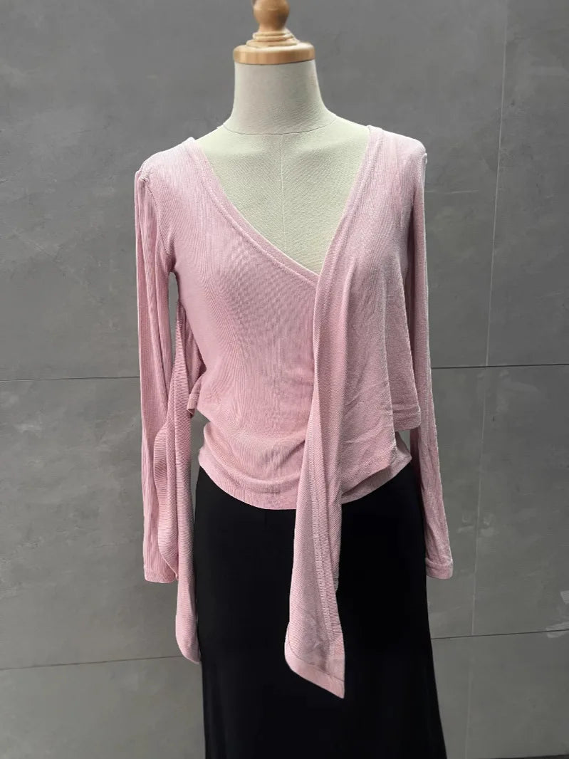 Slim Fit Kreuz Krawatte Langarm V-ausschnitt Koreanischen Stil Frühling Herbst T-Shirt Basis Shirt Sexy Oberbekleidung Top Polyester Stoff So ist Leben