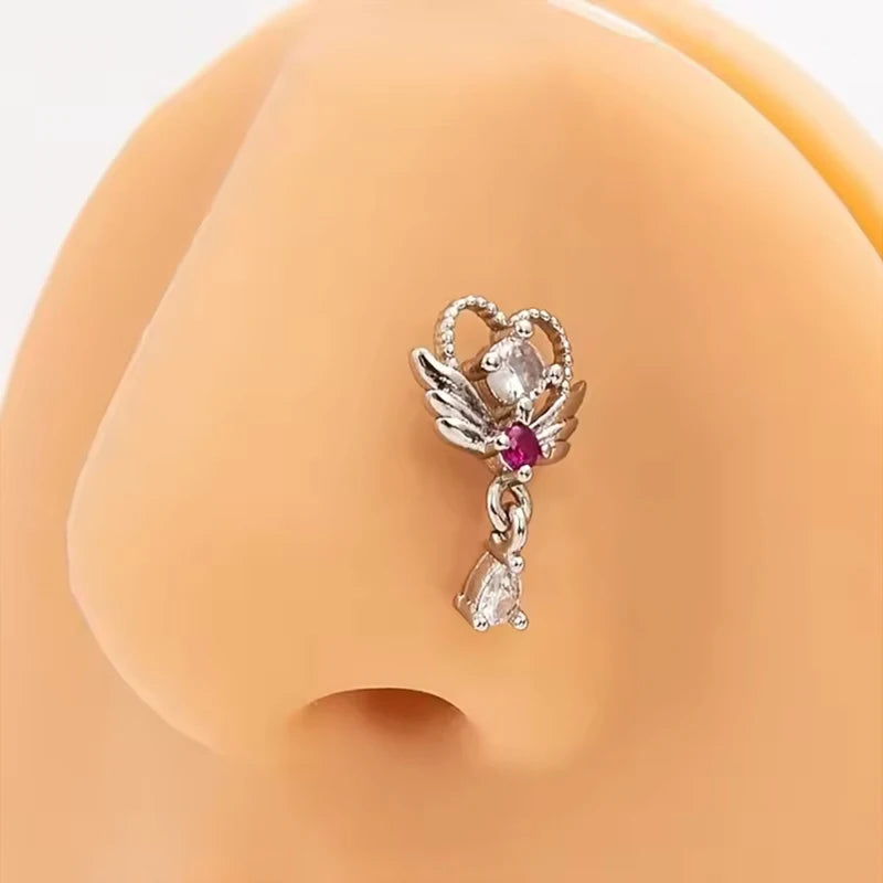 Damen L-förmiger Nasenring, hängender Nasenpiercing aus Edelstahl+Kupfer, gebogener Ring mit Schmetterlingsanhänger, Nasenschmuck 20G So ist Leben