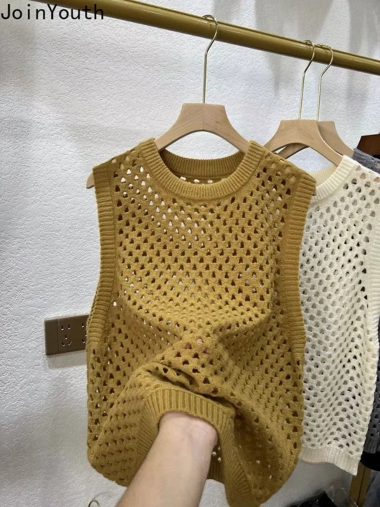 Vintage Stricken Pullover Weste frauen Kleidung Oansatz Ärmel Lose Tanks Aushöhlen Casual Chic Crop Tops 2025, Ropa Mujer So ist Leben