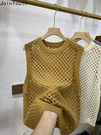 Vintage Stricken Pullover Weste frauen Kleidung Oansatz Ärmel Lose Tanks Aushöhlen Casual Chic Crop Tops 2025, Ropa Mujer So ist Leben
