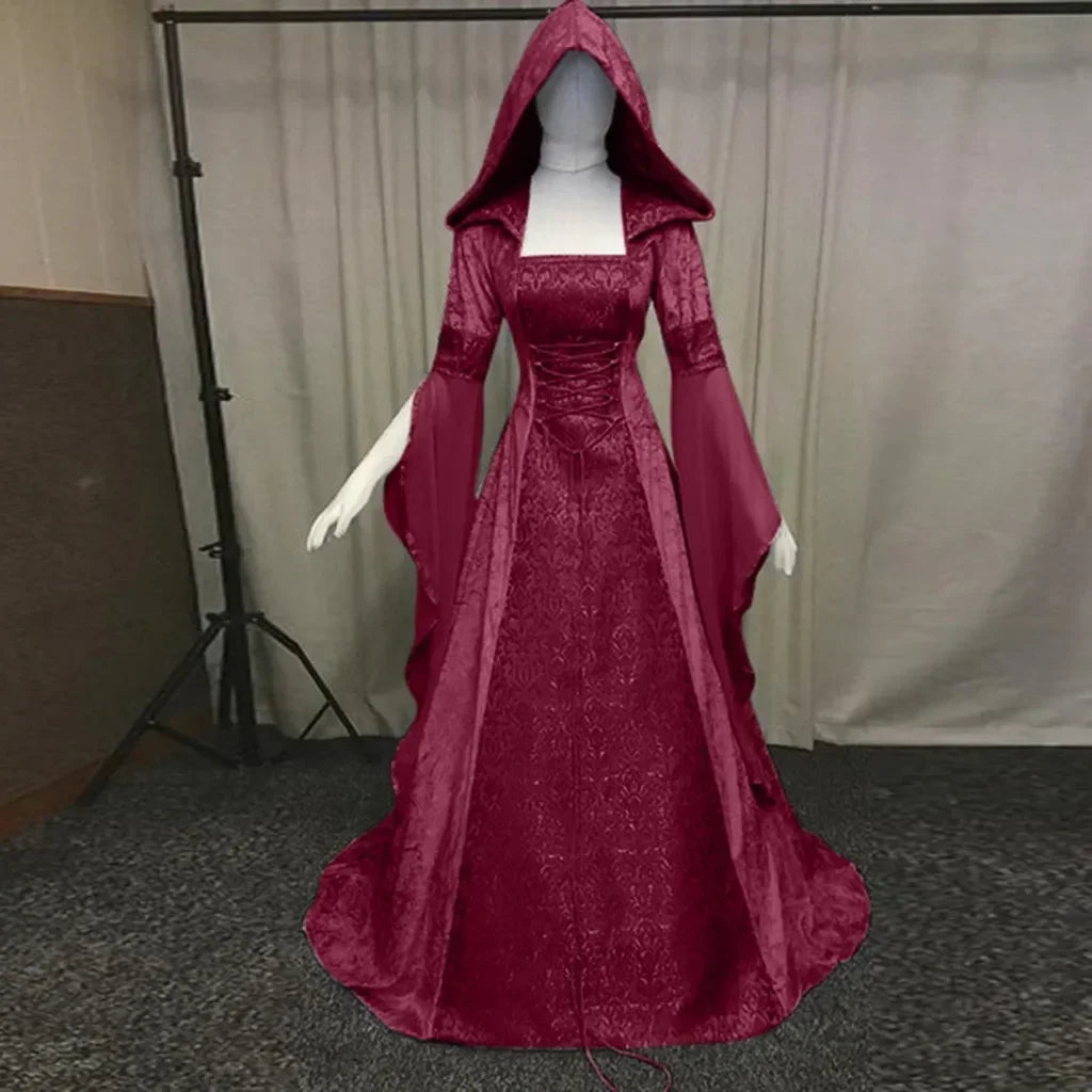 Frauen Deluxe Hexen kleid mittelalter liche Renaissance Maxi Zug Kleid Halloween Teufel heid nische Hexe Hochzeit cos Kostüm Kapuzen kleid Robe So ist Leben
