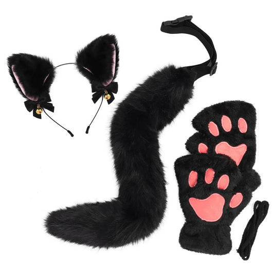Halloween-Katzen-Kostüm-Set für Mädchen, Cosplay, Halloween-Katzen-Kostümzubehör mit Stirnband, Schwanz, Handschuhe, 3-teilig So ist Leben
