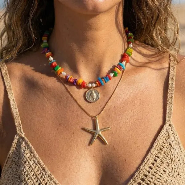 Böhmische Vintage Muschel Seestern Schildkröte Mehrschichtige Halskette für Frauen Ethnische Handgemachte Blaue Perlenketten Sommer Strand Schmuck So ist Leben