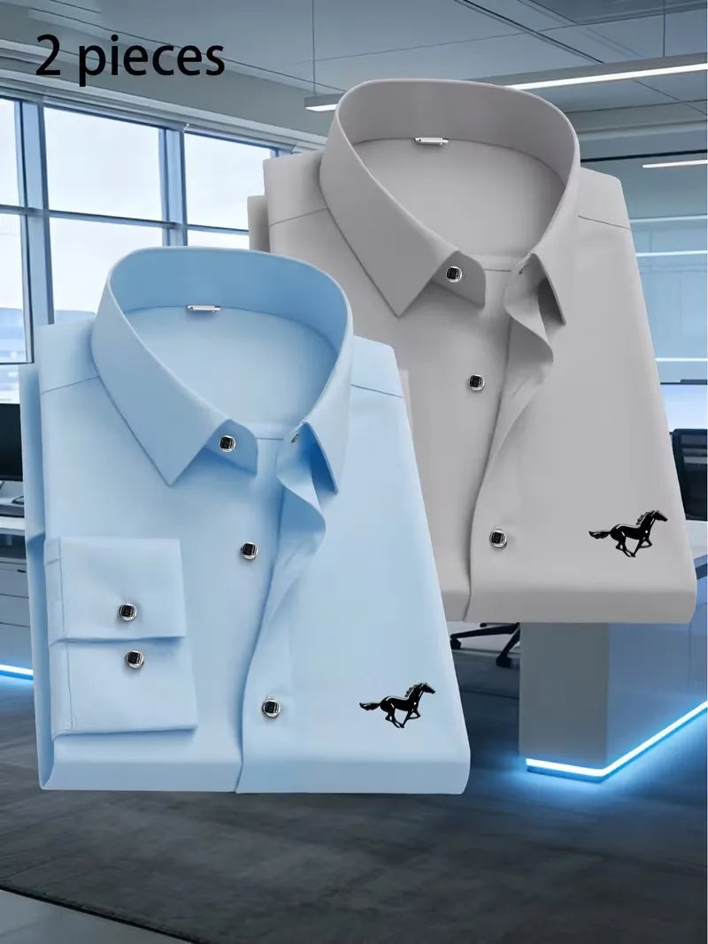 2 Stück Herren Business Casual Langarmhemden mit schwarzem Pferdemuster, Premium Business Casual Hemd, Slim Fit, Langarm, 5 Farben So ist Leben