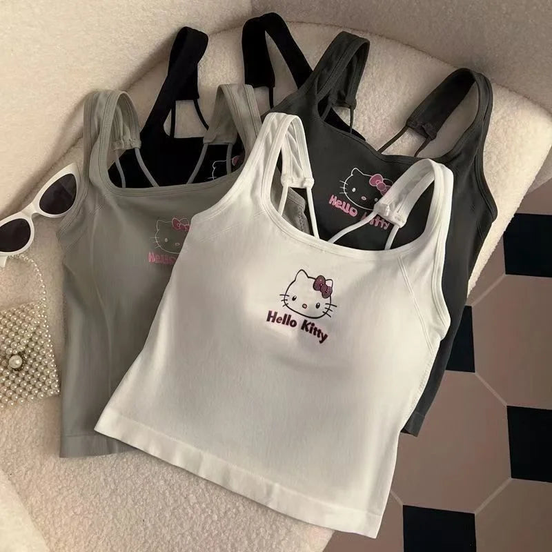 Sanrio Hello Kitty Girl Tops Kawaii Damenbekleidung Y2K mit Brustpolster Weste Sommermode Weiß Sexy Hosenträger Mädchen Geschenk Neu So ist Leben