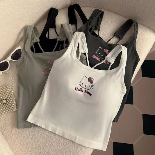 Sanrio Hello Kitty Girl Tops Kawaii Damenbekleidung Y2K mit Brustpolster Weste Sommermode Weiß Sexy Hosenträger Mädchen Geschenk Neu So ist Leben