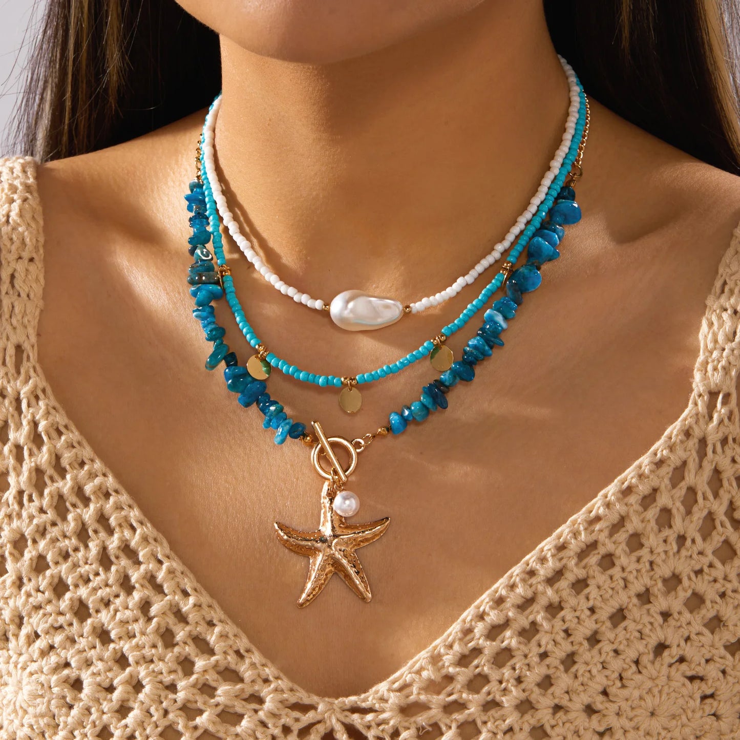 Böhmische Vintage Muschel Seestern Schildkröte Mehrschichtige Halskette für Frauen Ethnische Handgemachte Blaue Perlenketten Sommer Strand Schmuck So ist Leben