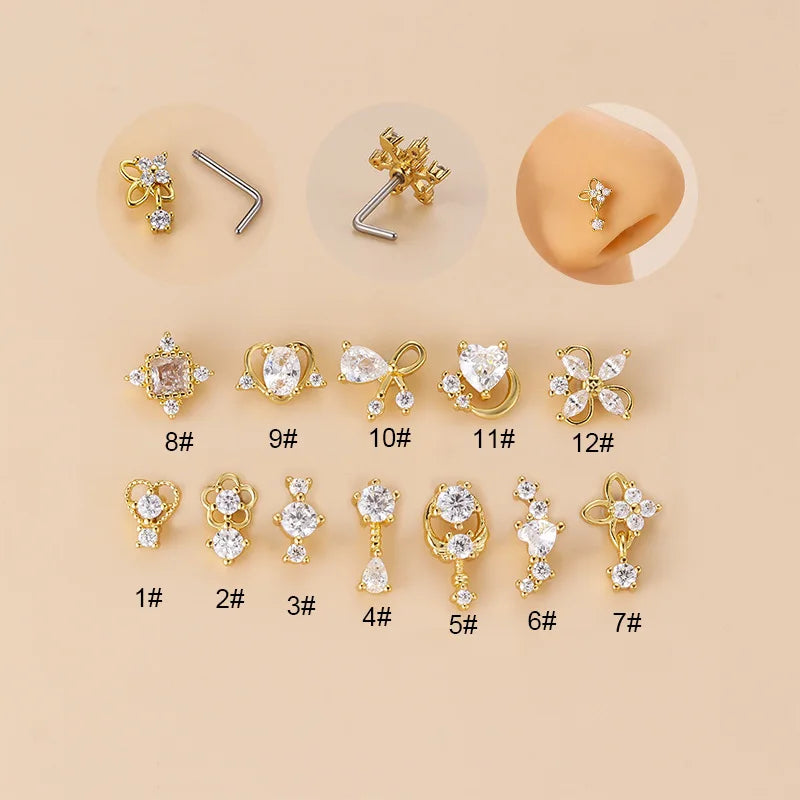 20G L-förmiger Kubischer Zirkonia Nasenstecker, Chirurgischer 316L Edelstahl Nasen-Lippen-Ohr-Piercing-Schmuck für Frauen Mädchen Trendig So ist Leben