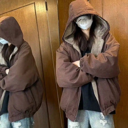 Y2K Winter Neue Blaue Plüsch Baumwolle Gefütterte Jacke Unisex Amerikanische High Street Kapuzenjacke Verdickte Paare Casual Mantel So ist Leben