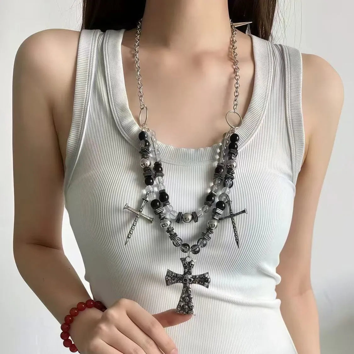 Punk Schwergewicht Totenkopf Kreuz Anhänger Halskette Gothic Dunkler Stil Niete Perlen Schmuck Umhängetasche Accessoire Glasperle Personalisiert So ist Leben