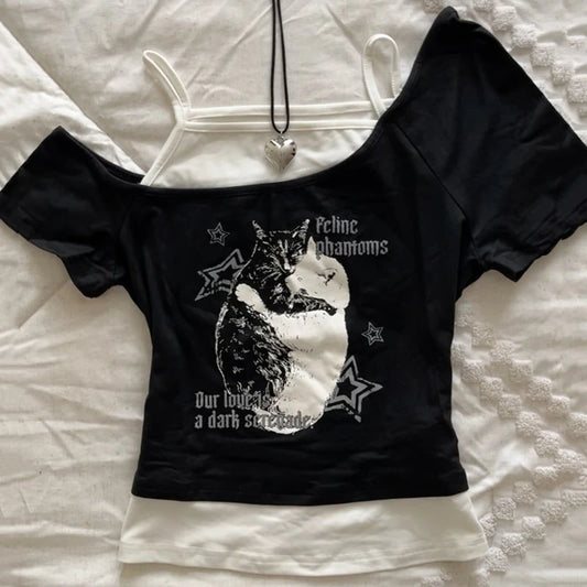 Asthetische Goth Fledermaus Brief Y2K Stil zweitelige T-Shirt Kurzarm Weste Harajuku Streetwear Hosenträger Frauen Kleidung Shirt So ist Leben