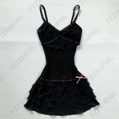 Gothic Harajuku Vintage Y2K Damen Kleid Sexy Slim Chic Casual Lace-up Design Neckholder Kleider Punk Rock Emo Girl Streetwear So ist Leben