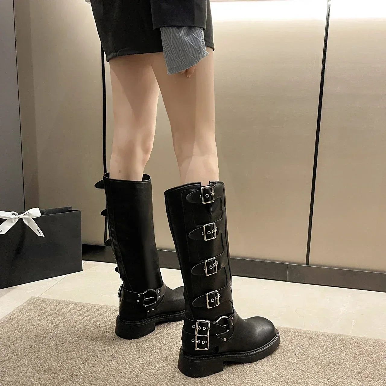 Frau Stiefel Kniehohe Plattform Elegante Niedrigen Absatz Trend Punk Gothic New Rock Leder Mode frauen Schuhe Motorrad Schuhe So ist Leben