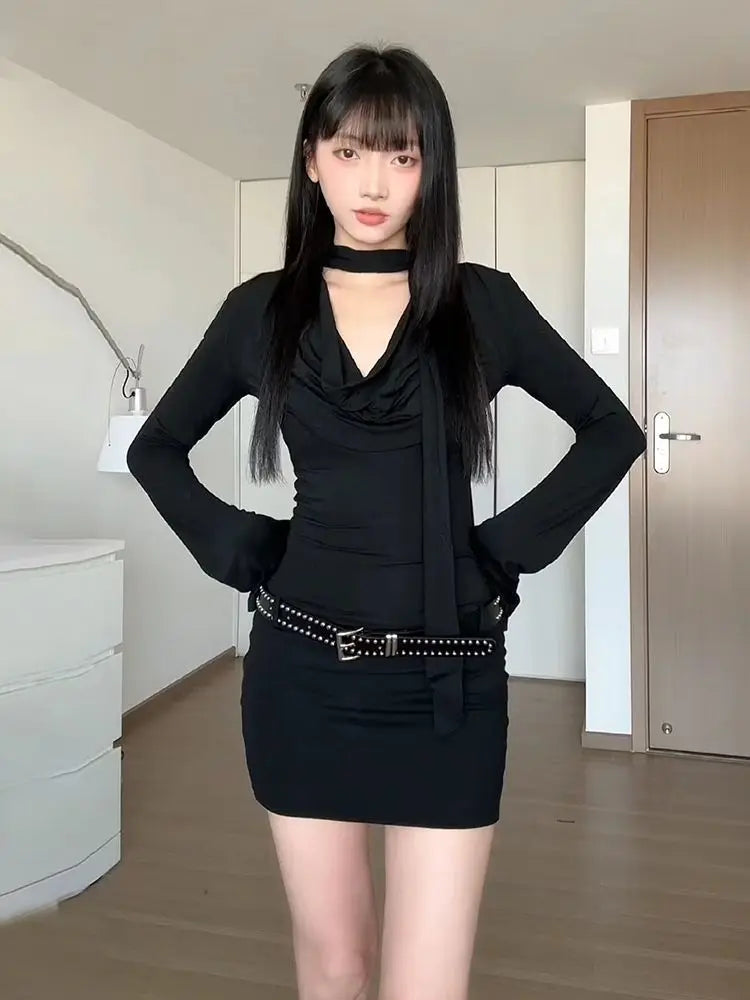 Hot Girl Schwarzes Langarmkleid für Damen, Royal Sister, hüftbedeckender kurzer Rock So ist Leben