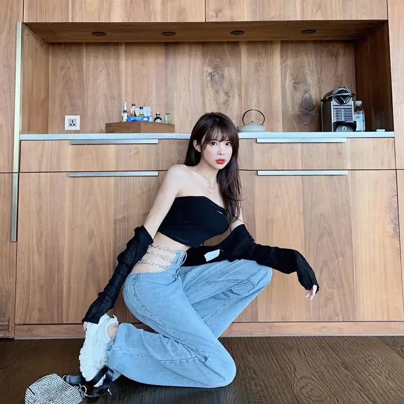 Gerade Jeans Frauen Hohe Taille Metall Dekoration Ketten Aushöhlen Stilvolle Sexy Streetwear Alle-spiel Koreanischen Stil Y2K Ulzzang BF So ist Leben