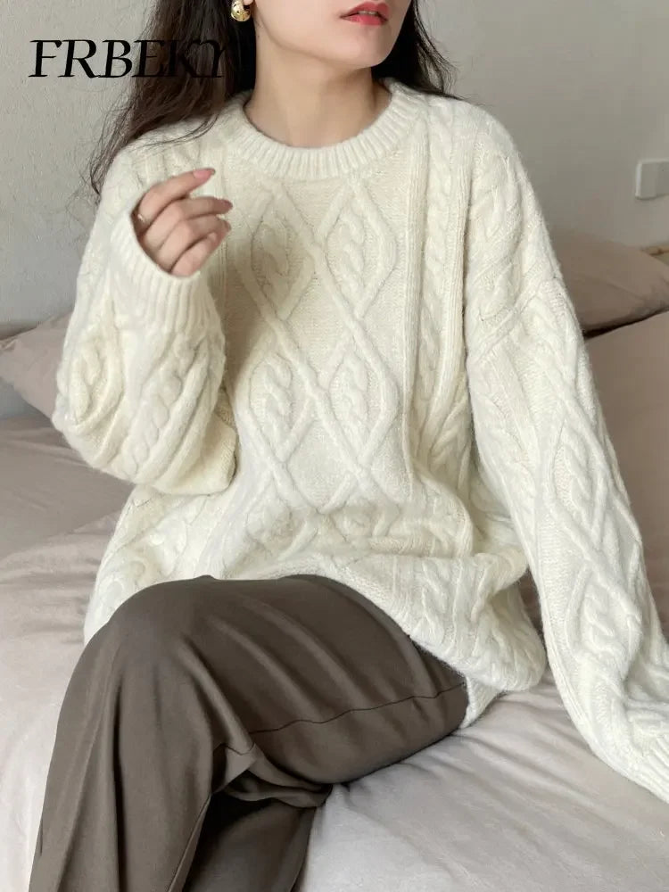 Pullover Frau Winter 2023 Rundhals Bodenbildung Twist Pullover Faul Wind Lose Beiläufige Stricken Pullover Langarm Pullover Jumper So ist Leben