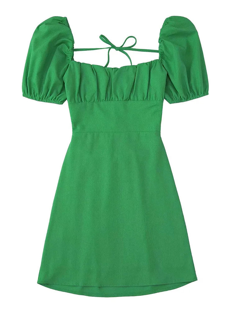 Frauen weiße Mode Leinen mischung Kleid weibliche quadratische Hals kurze Puff ärmel rücken freie Crossover-Träger Kleid für Frauen So ist Leben
