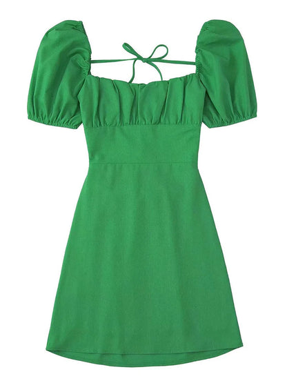 Frauen weiße Mode Leinen mischung Kleid weibliche quadratische Hals kurze Puff ärmel rücken freie Crossover-Träger Kleid für Frauen So ist Leben
